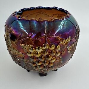 Antique Carnival‎ Glass Grape Footed Bowl Amethyst Purple Ruffled Rim 6 Feet